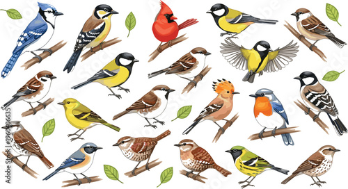 Colorful garden birds vector illustration set with various species perched on branches in detailed hand drawn natural style