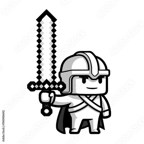 Smiling cartoon knight with sword.