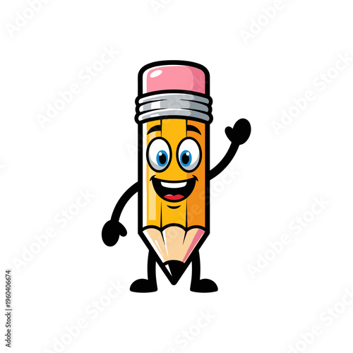 Smiling cartoon pencil with face.