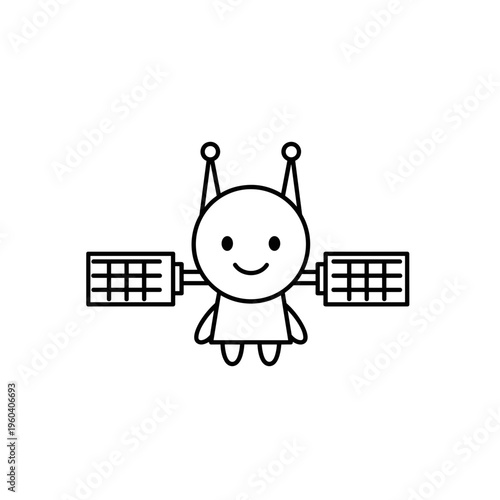 Smiling cartoon robot lifting dumbbells strong.