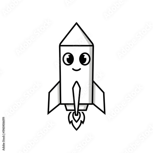 Smiling cartoon rocket with eyes flying.