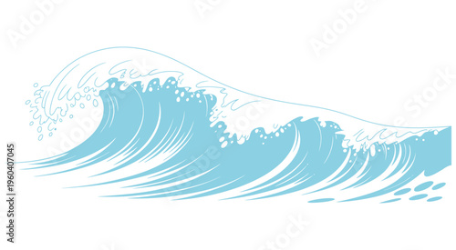 Surf waves vector illustration with large ocean tide, blue ink style, coastal scenery, water motion, marine design, and artistic splash