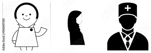 Flat vector of a smiling child in apron, woman in profile, and doctor in uniform stylized, isolated, cutout, rgba