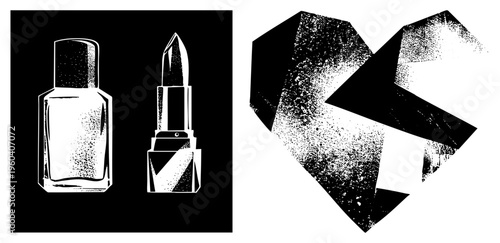 Perfume bottle and lipstick rendered in stark black and white halftone, isolated on transparent background. Beauty essentials with geometric heart motif, vector flat design.