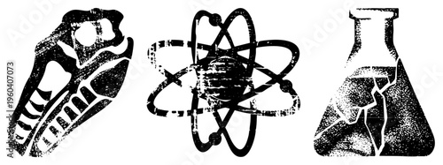 Retro sci symbols skull, atom, shattered beaker. For STEM/ labs. Synonyms science emblem, lab set, vintage science graphic.