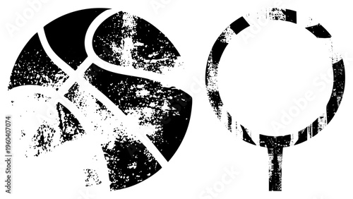Stylized sports gear featuring basketball and racket with gritty texture, vector graphic,, athletic equipment, sport symbols, graphic design elements.