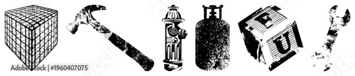 Rustic, distressed vector of tools and urban gear including hammer, wrench, fire hydrant, gas tank, and cube with letters ideal for repair, DIY, or construction themes.