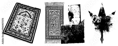 Intricate Islamic prayer mat featuring arabesque motifs, central medallion, and border designs, used in mosques and homes, also called prayer carpet or sajja.