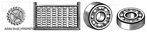 Precision engineered gear, vintage abacus beads, industrial roller bearings, technical drafting, mechanical components, engineering tools, mechanical design, machinery.