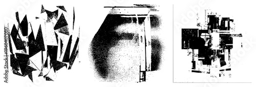 Fragmented polygonal forms rendered in halftone, abstract art, graphic design, vector illustration, black and white composition, modern art piece, digital art.
