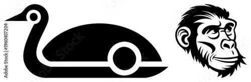 Abstract crane silhouette with circular elements, chimpanzee head portrait, black and white vector art, graphic design, minimalist animal symbols.