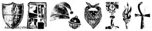 Grungy shield, ancient tome, Santa hat with ornament, bandana, ceremonial goblet, torch, ankh all in distressed vector art.