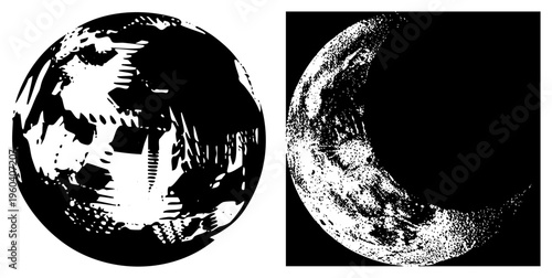 Graphic representation of planet Earth and moon, halftone texture, abstract celestial, minimalist design, space themed vector illustration.