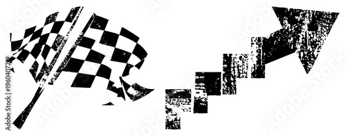 Black and white racing flag waving dynamically, paired with distressed upward arrow symbolizing victory or progress, vector design with textured grain effect.