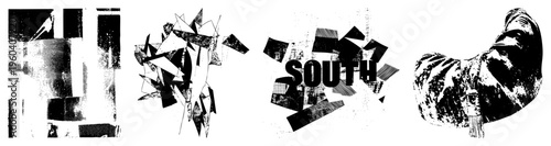 Collage of fractured shapes, halftone textures, and bold typography, abstract composition, graphic design elements, vector art.