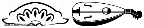 Decorative scroll flourish and lute musical instrument, vector, classical design, music, stringed instrument, ornamental motif, black art.