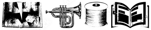 Classic open book with textured pages, vintage trumpet, spool of thread, stylized book vector set for design, illustration, and print.