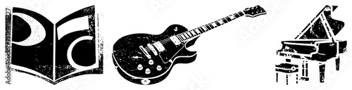 Classic musical and literary rendered in gritty halftone, open book, electric guitar, piano, vintage illustration, black and white, artistic symbolism.