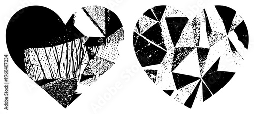 Broken heart graphic with textured fragments, halftone shading, geometric, black and white vector art, emotional, stylized love symbol, graphic design element.