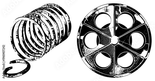 Film reel spinning with circular frames, cinema spool, motion film, celluloid reel, movie projector accessory, black and white graphic.