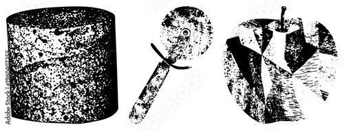 Black and white halftone vector illustrations of a pizza cutter, cake, and with distressed texture, isolated foreground elements, stylized food.