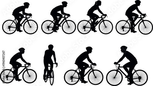 Bicycle rider silhouette icons vector illustration with black design, cycling posture symbol artwork, motion concept element