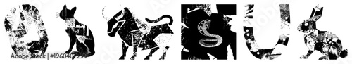 Black and white zodiac symbols with distressed halftone texture, astrological animals, horoscope signs, celestial creatures, symbolic figures.