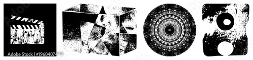 Distressed film clapperboard, halftone cube, circular mandala, abstract void shapes all in high contrast vector art with gritty texture.