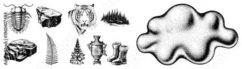 Classic black and white illustrations featuring tiger, trilobite, fern, samovar, boots, and forest scenes, rendered in halftone dotwork, ideal for graphic design or print.