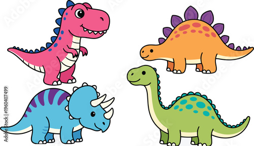 Cute Cartoon Dinosaur Collection Featuring Pink Tyrannosaurus Rex Orange Stegosaurus Blue Triceratops and Green Brachiosaurus Isolated on White Background