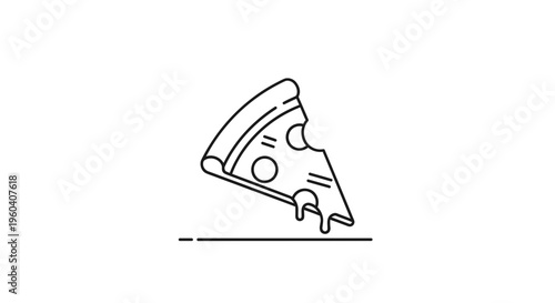 Minimalist line art slice of pizza with dripping cheese on white background