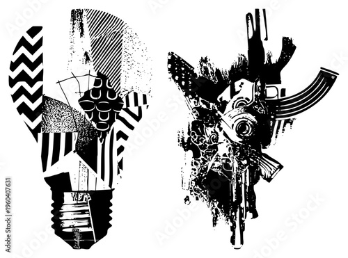 Graphic composition of stylized light bulb and mechanical fragments, halftone textures, vector art, industrial design, conceptual illustration.