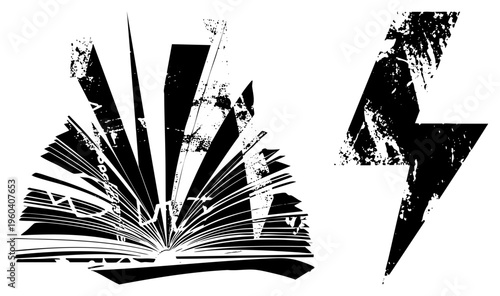 Grungy black and white vector illustration of book pages into lightning bolt, abstract knowledge energy, educational symbol, digital art, conceptual design.