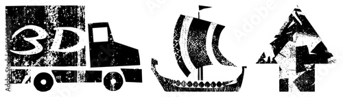 Stylized 3D printer, Viking ship with striped sails, and geometric arrow, all rendered in distressed black and white vector graphics with textured noise effects.