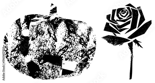 Stylized pumpkin with textured surface and carved eyes, paired with a rose in geometric halftone, vector art, isolated foreground, black and white.