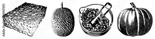 Durian, pumpkin, coffee beans in bowl, and textured block rendered in halftone dots, isolated vector art, food illustration, stylized produce.