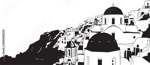 Santorini sunset landscape illustration of coastal oia village buildings greece