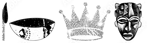 Stylized African tribal mask, regal crown, and oil lamp set, halftone texture, vector, cultural symbols, graphic design elements.