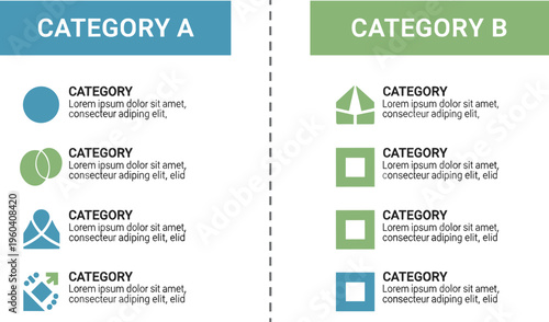 Comparison infographic vector template with category sections icons and text layout for business presentation reports web design and information organization