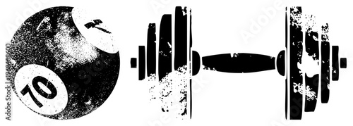 Billiard ball with number 10, gym dumbbell, fitness equipment, sports gear, vector illustration, design, grunge texture.