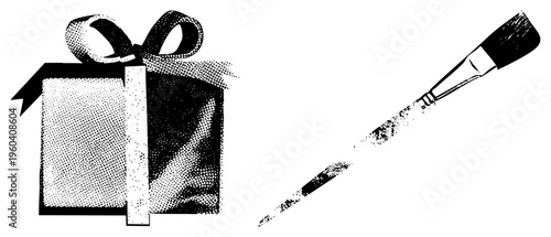 Present wrapped with bow, brush for painting, creative tools, artistic supplies, holiday gift, craft project, black and white halftone illustration.