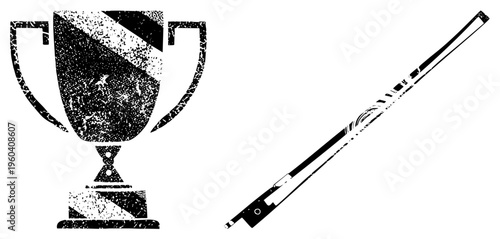 Classic sports trophy and violin bow rendered in gritty halftone style, graphic, artistic set, isolated elements, award symbol, musical instrument accessory.