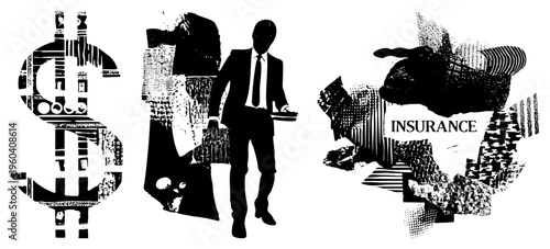 Silhouette of businessman holding briefcase and tray, surrounded by fragmented dollar symbol and insurance text, halftone textures, corporate.