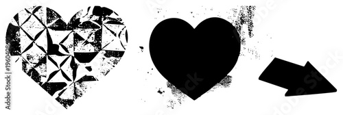 Broken heart morphs into solid heart shape with arrow, vector art, black and white, graphic design, transformation, minimalist, abstract symbol.