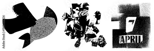 Fragmented halftone forming abstract forms, vector graphic design, stylized shapes, isolated art elements, graphic composition.