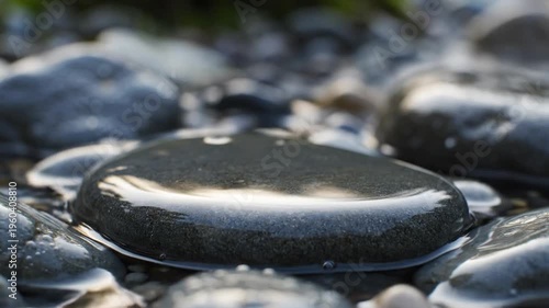 Smooth wet black stone on pebbled shoreline with surrounding droplets