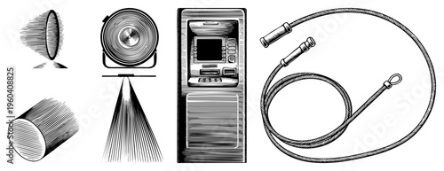Black and white halftone vector graphic showing ATM machine, coiled, spotlight fixture, and geometric cylinders, classic engraving style, isolated elements.