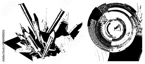 Bold vector illustration with angular and concentric spirals, high contrast halftone texture, graphic design element, digital art, isolated foreground.