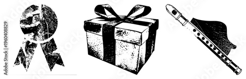 Halftone textured award ribbon, gift box with bow, wooden recorder instrument, vector set, black and white graphic, isolated elements for design.