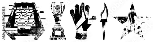 Set of five stylized black and white foosball table, trophy, glove, torch, star, all with distressed texture, isolated vector graphics, graphic design elements.